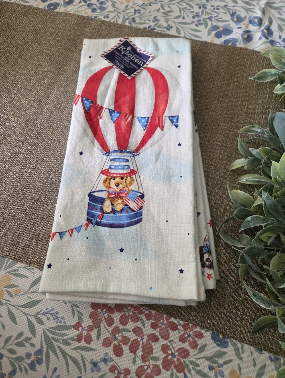 Hot Air Balloon Puppy Decorative Tea Towel - Red, Blue, White